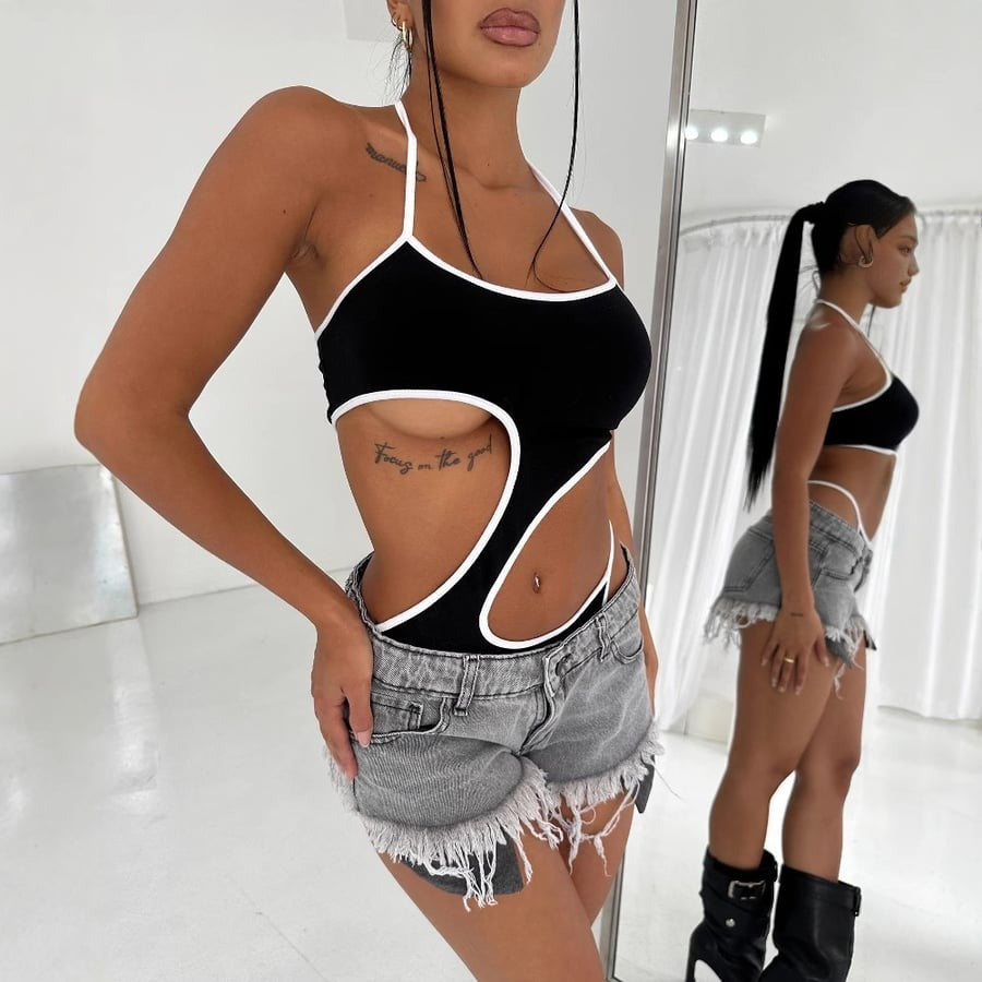 Contrast Panel Lace-Up Halter Bodysuit