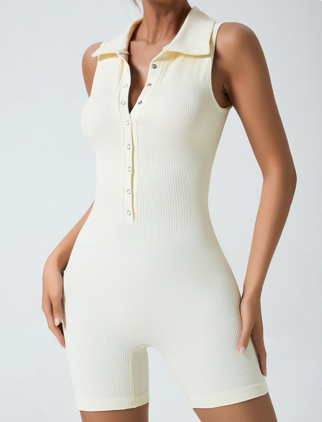 Ribbed Button Fit Sleeveless Yoga Jumpsuit Romper