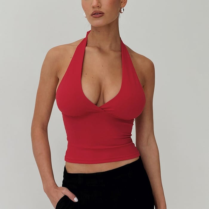 Sexy Deep V-neck Halter Neck Solid Color Cropped Top
