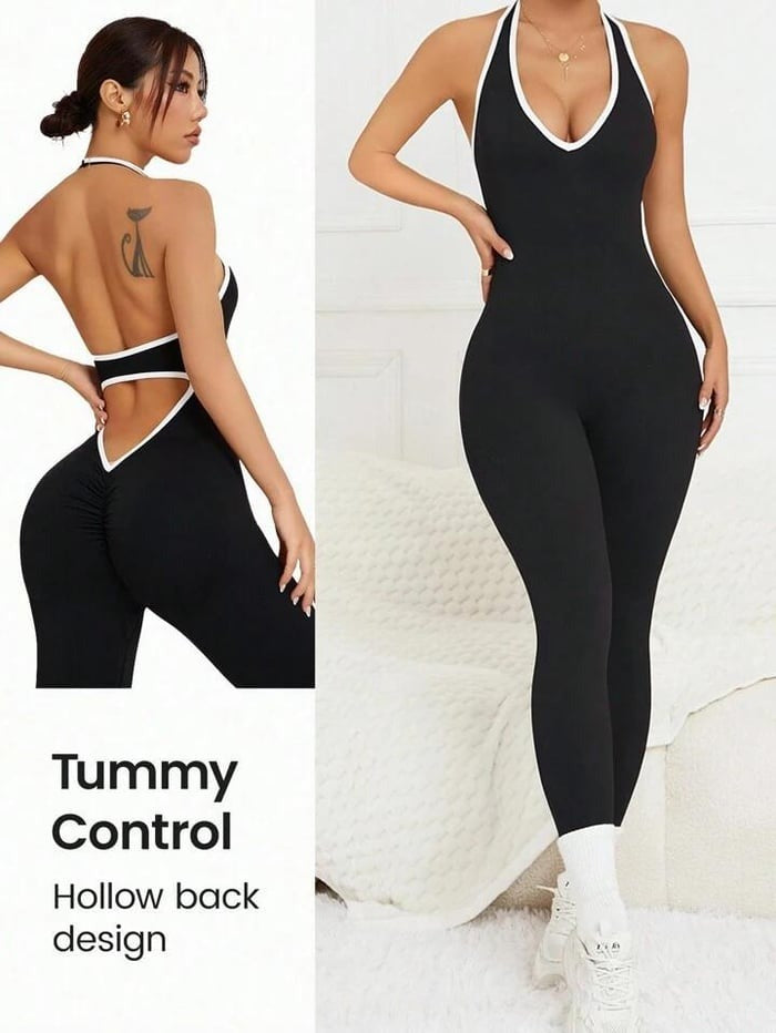 Contrast Color Seamless V Waist Backless Halter Peach Hip Fitness Yoga Jumpsuit