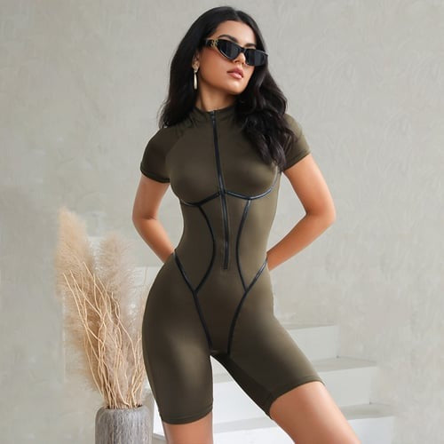 Sexy Leather Web Zipper Short Sleeve Rompers Jumpsuit
