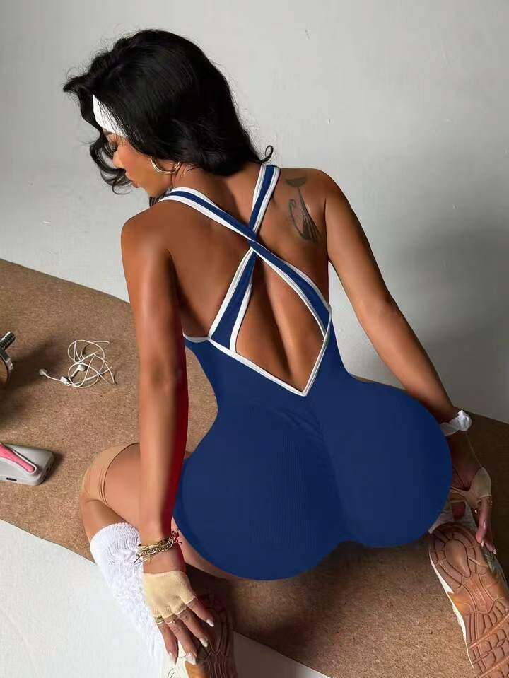 Cross Back Stripes Short Romper