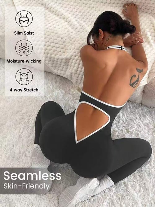 Contrast Color Hollow Out Ribbed Scrunch Bum Jumpsuit