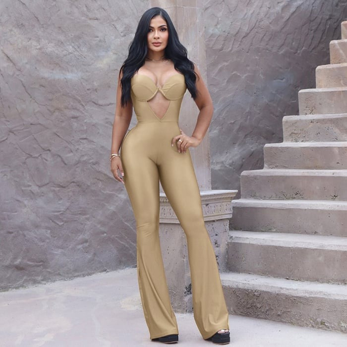 Sexy Hollow Sling Peach Hip-lifting Flared Jumpsuit