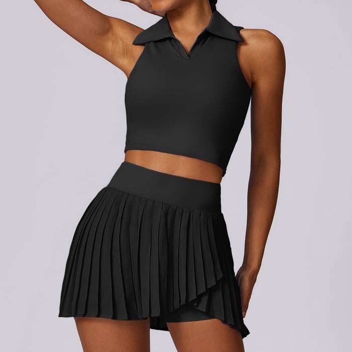 BREEHER Lapel vest Ruched Skirt Two Piece Set Sports Suits