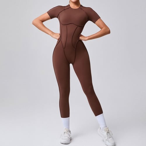 Reverse Line Sexy Backless Solid Color Short Sleeve Tight Jumpsuit