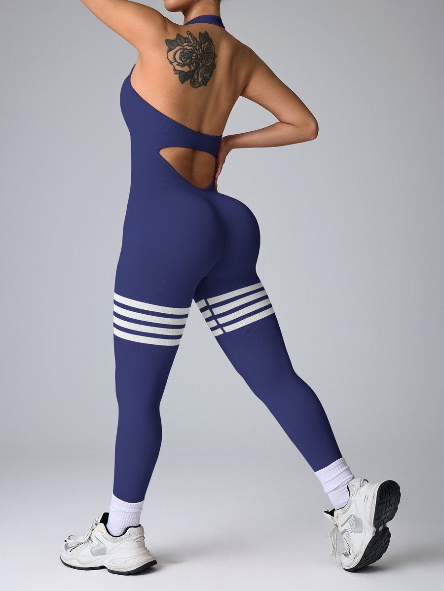 Halter Striped Seamless Backless Hip Lifting Yoga Jumpsuit