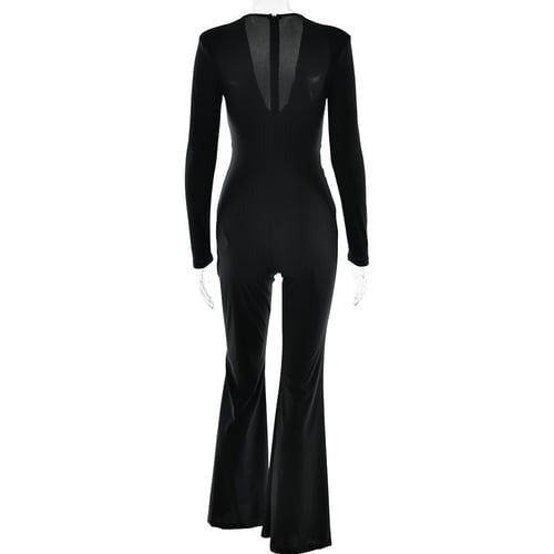 Sexy Deep V Solid Color Slim Flared Jumpsuit