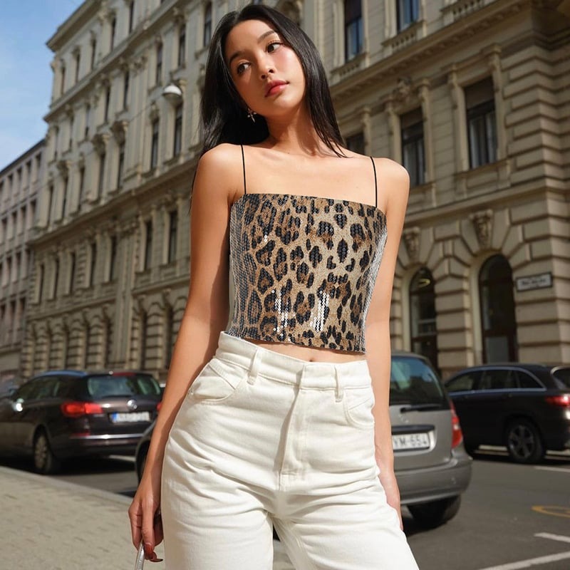 Sexy Leopard Print Sequin Suspenders Top