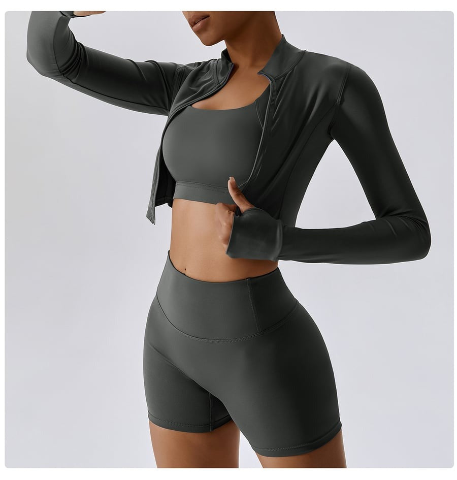 BREEHER Zipper Long Sleeves Shorts Three Piece Set Sports Suits