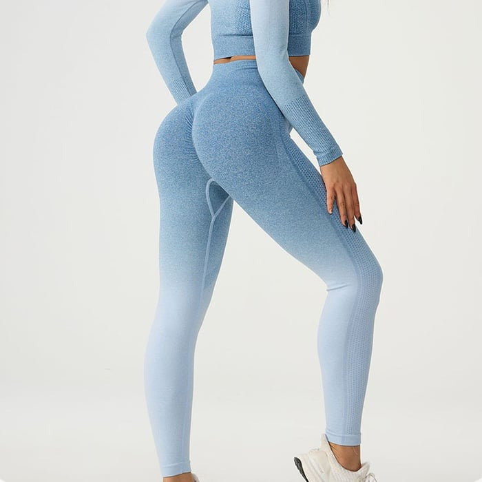 BREEHER Gradient Long Sleeves Hip Lifting Legging Two Piece Set Sports Suits