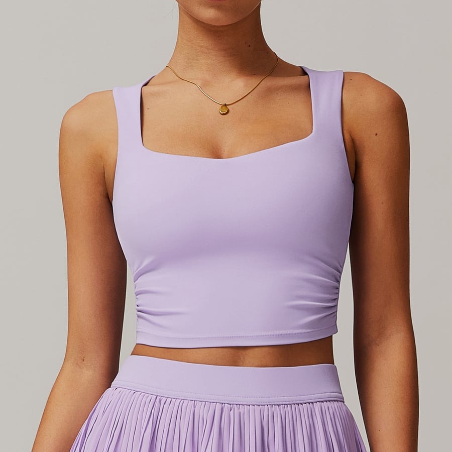 Solid Color Square Neck Short Yoga Bra with Pads