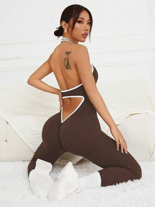 Contrast Color Hollow Out Ribbed Scrunch Bum Jumpsuit