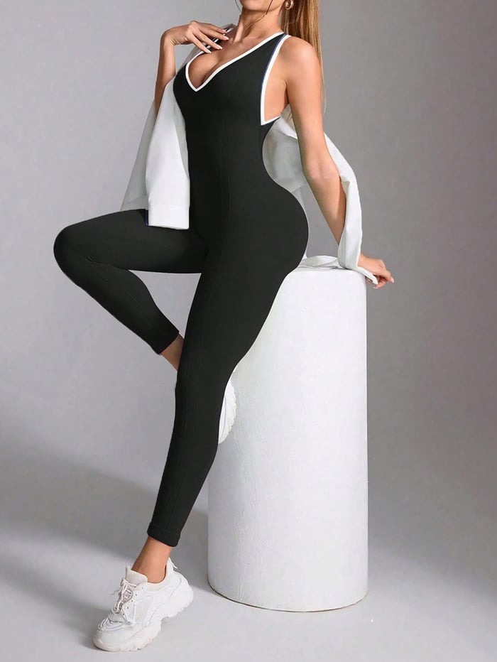 Sexy Cross Backless Contrast Peach Hip-lifting Yoga Jumpsuit