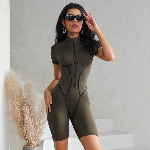 Sexy Leather Web Zipper Short Sleeve Rompers Jumpsuit