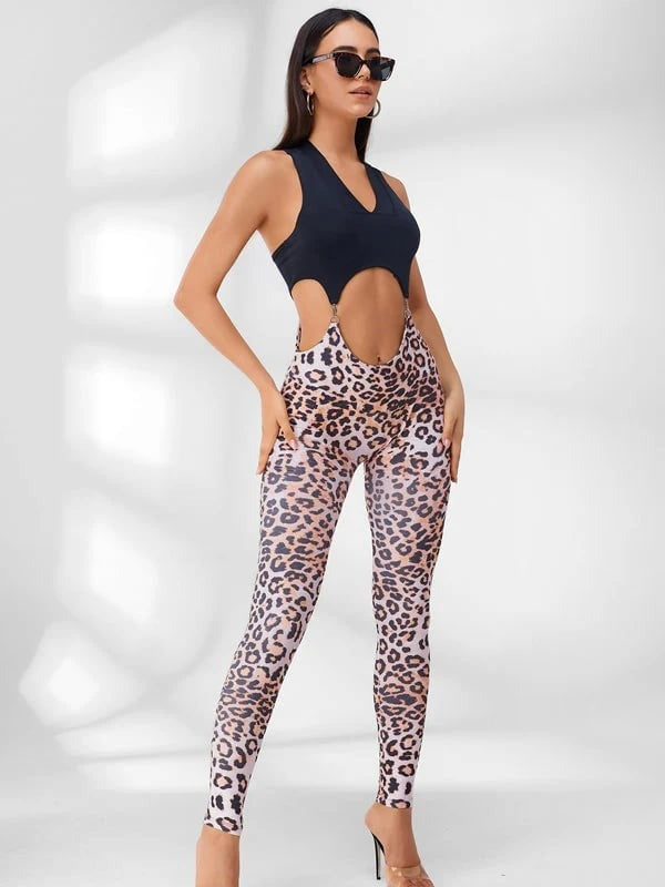 Female Leopard V Collar Hollow Out Jumpsuit