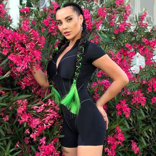 Sexy Zipper Striped Short Sleeve Yoga Jumpsuit