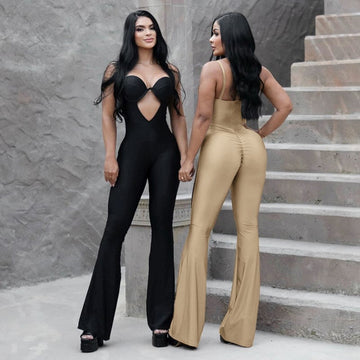 Sexy Hollow Sling Peach Hip-lifting Flared Jumpsuit