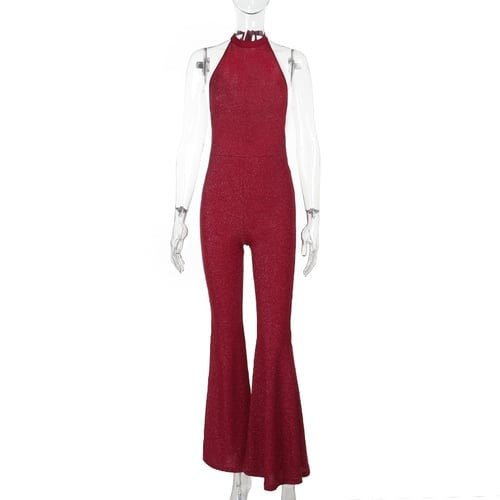 Sexy Backless Halter Neck Sparkling Flared Jumpsuit