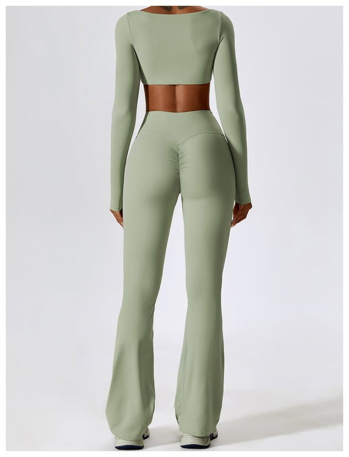BREEHER Crop Top Long Sleeves Hip Lifting Two Piece Set Sports Suits