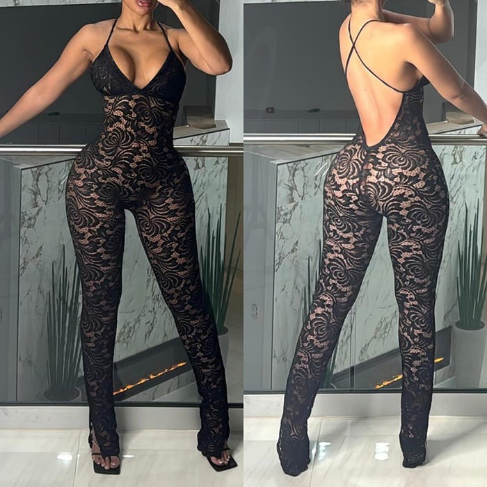 Sexy Deep V Suspender Backless Lace See-through Jumpsuit