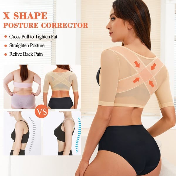 Adjustable Hook Eye U-neck Mesh 3/4 Sleeve Body Shaping Top
