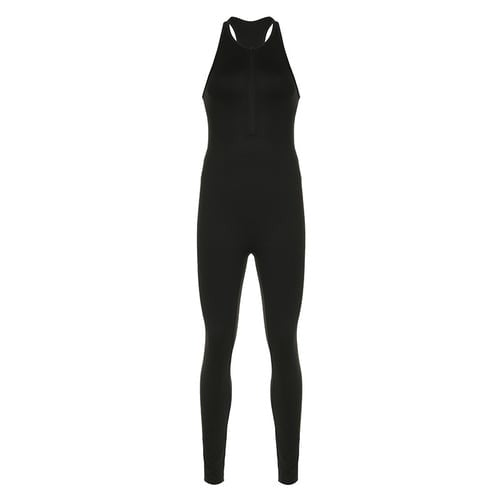Solid Color Zippered Hollow Backless Sleeveless Jumpsuit