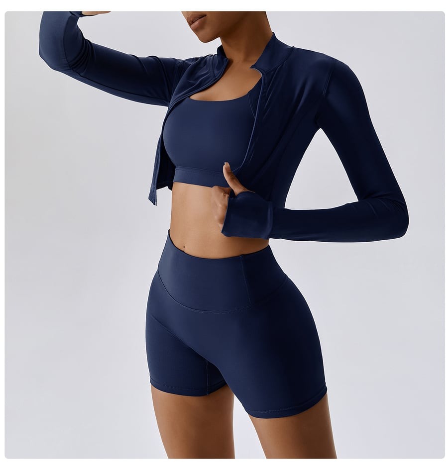 BREEHER Zipper Long Sleeves Shorts Three Piece Set Sports Suits