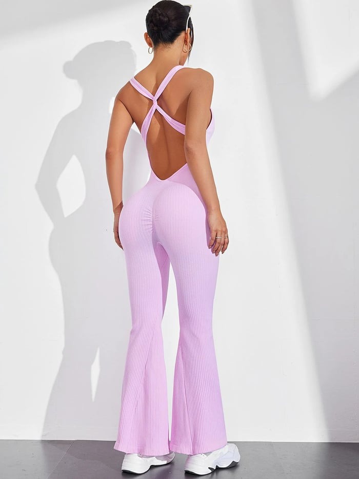 Female Cross Back Scrunch Bum Flare Ribbed Jumpsuit