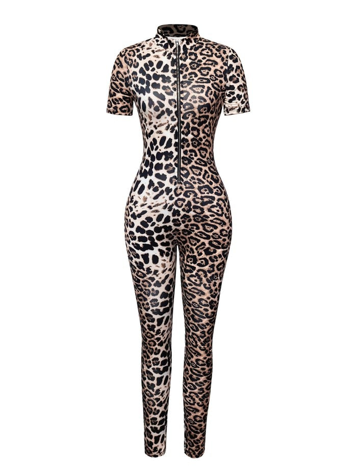 Sexy Leopard Printed Zipper Tight Jumpsuit