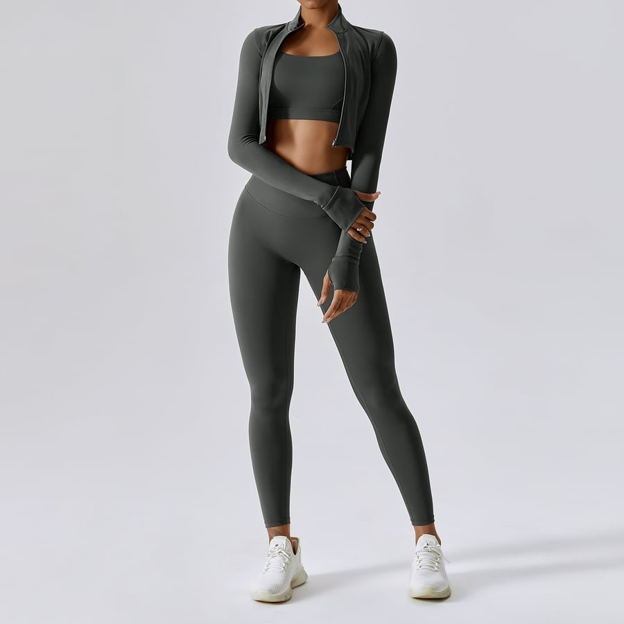 BREEHER Zipper Long Sleeves Leggings Three Piece Set Sports Suits