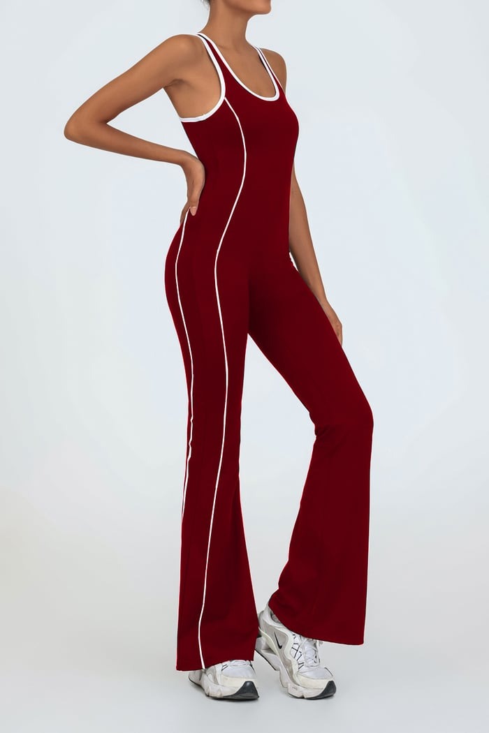 Backless Colorblock Nude Sports Fitness One-Piece Flared Jumpsuit with Chest Pad