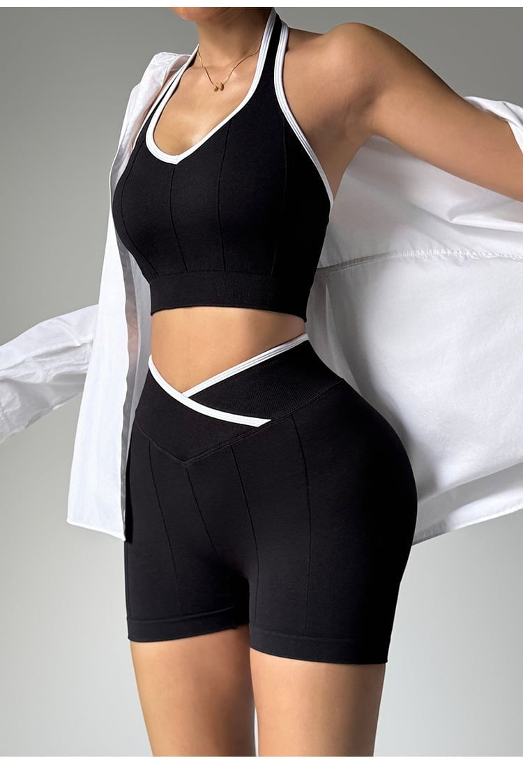 Contrast Color Halter Neck Backless V Waist Hip Lifting Yoga Shorts Bra Set
