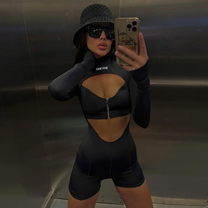 Sexy Hollow Zipper lLong Sleeve Half Turtleneck Jumpsuit