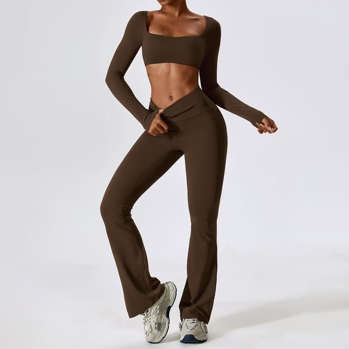 BREEHER Crop Top Long Sleeves Hip Lifting Two Piece Set Sports Suits