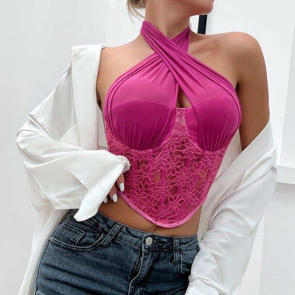 Sexy Lace Splice Halter Neck Tops
