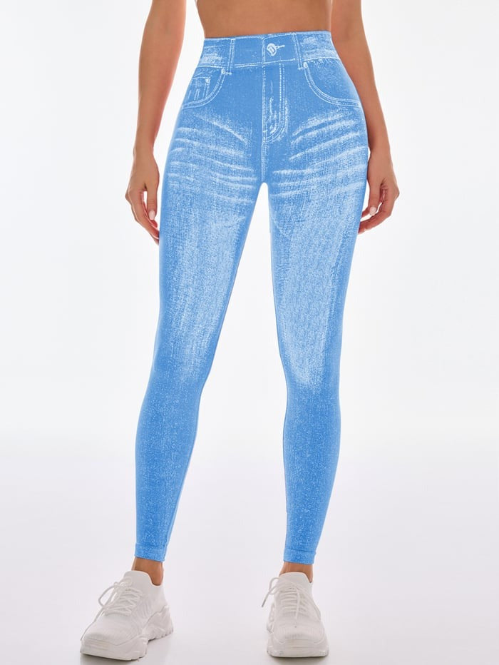 Peach Faux Denim Deep V Back Seamless Yoga Scrunch Bum Leggings