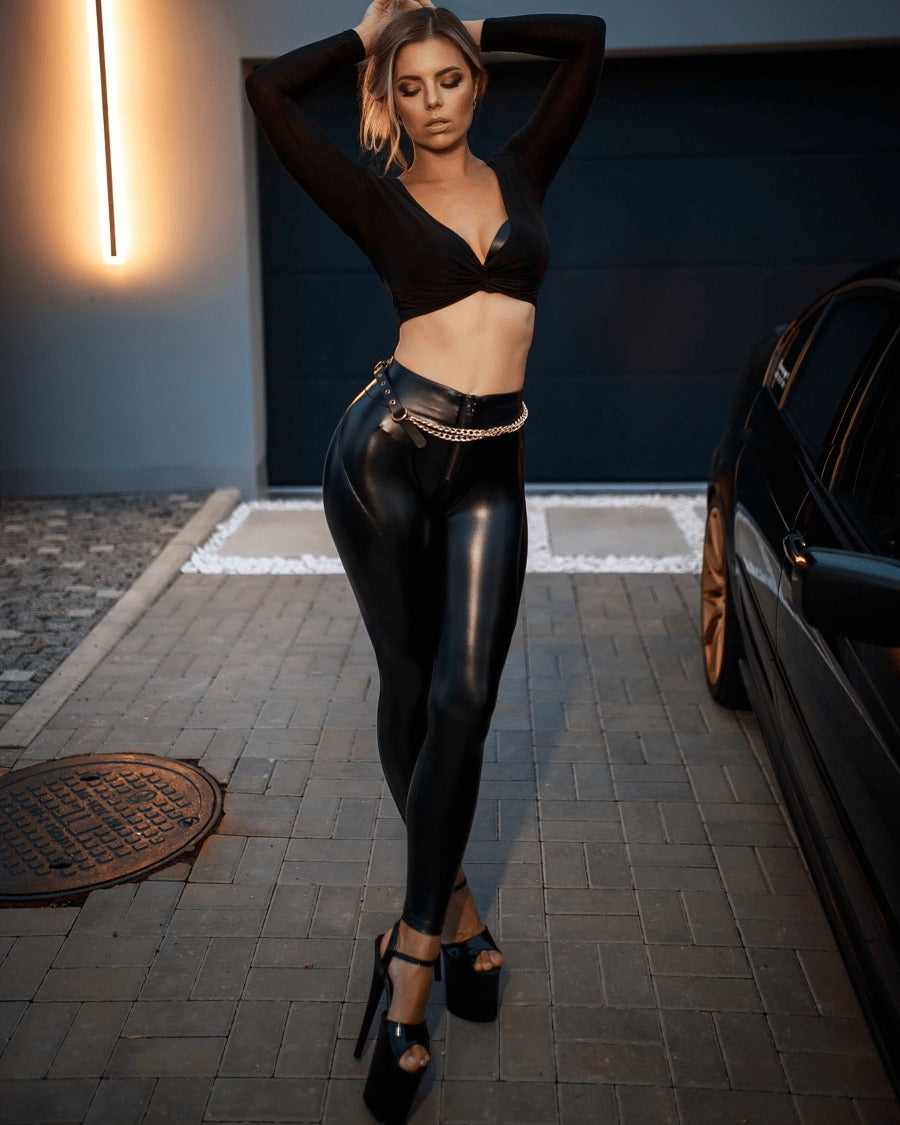 Sexy PU Zipper High Waist Hip Lift Leggings