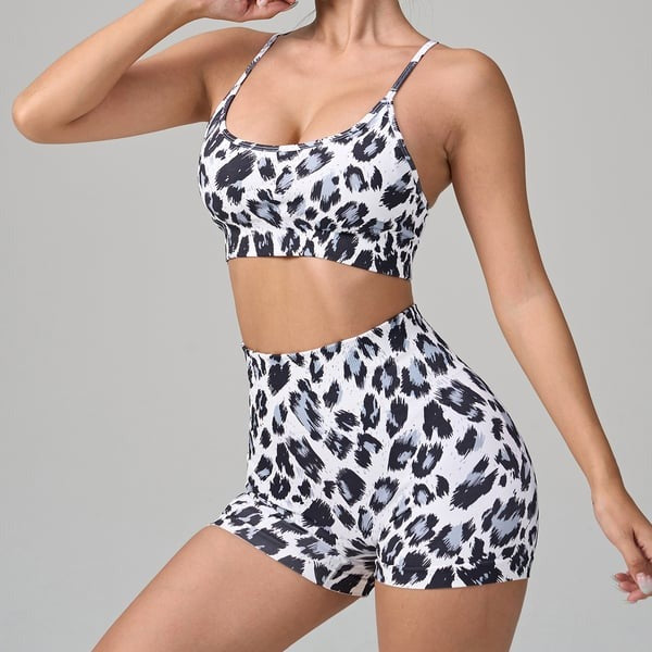 BREEHER Leopard printed Sling Shorts Two Piece Set Sports Suits