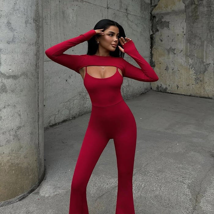 Sexy Hollow Round Neck Long Ssleeve Backless Jumpsuit Suits
