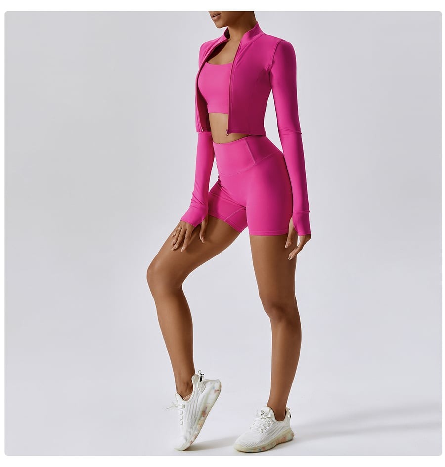 BREEHER Zipper Long Sleeves Shorts Three Piece Set Sports Suits