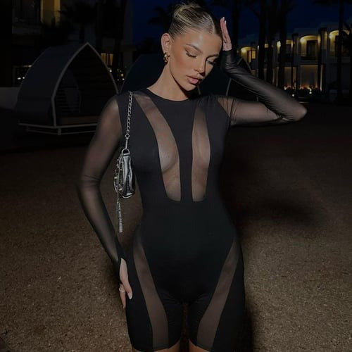 Sexy Mesh See-through Stitching Long-sleeved Zipper Hip Lifting Jumpsuit