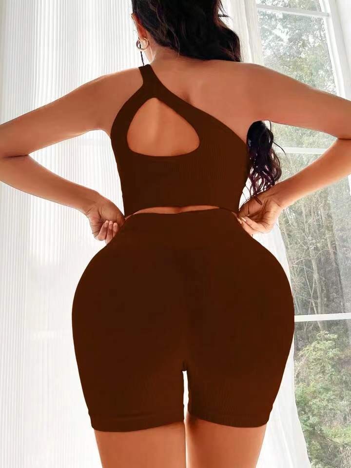 Ribbed Hollow Off-shoulder Bra Peach Hip Shorts Fitness Yoga Set