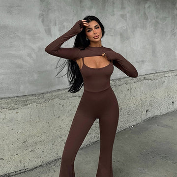 Sexy Hollow Round Neck Long Ssleeve Backless Jumpsuit Suits