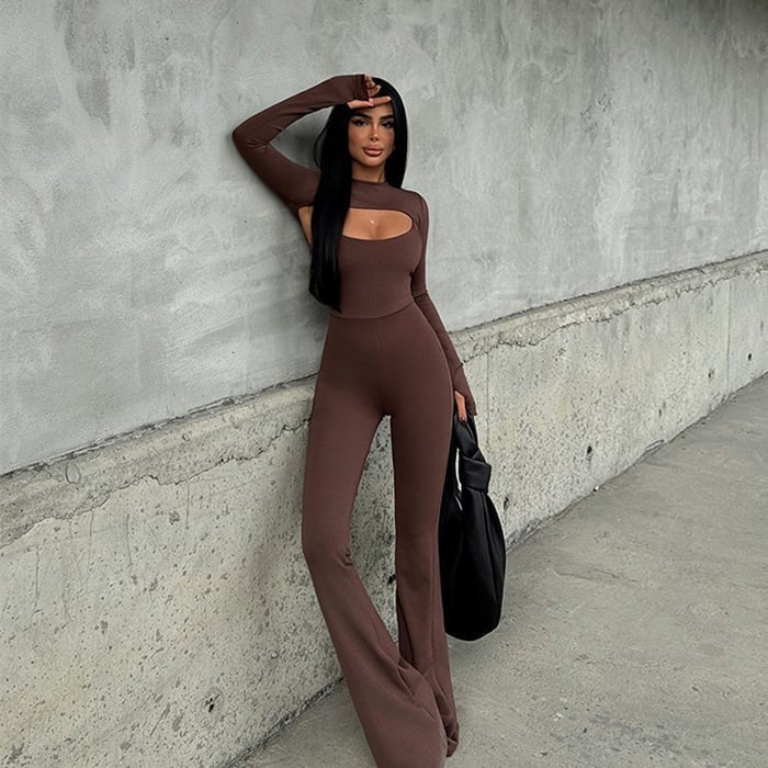 Sexy Hollow Round Neck Long Ssleeve Backless Jumpsuit Suits