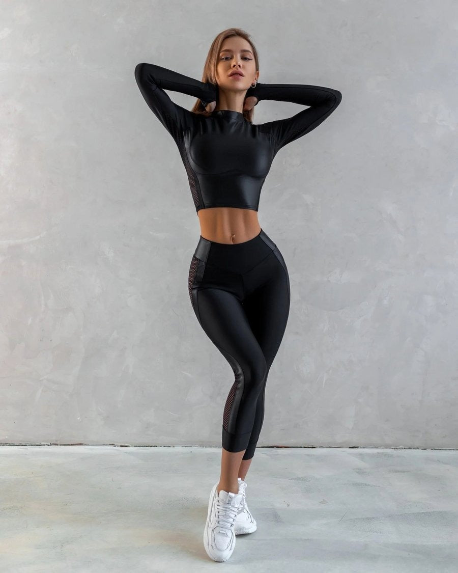 Female PU Net High-rise Hip-lift Leggings