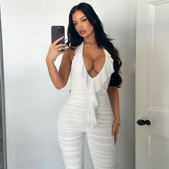 Halter Backless Deep V Ruffled Lace-up Flared Jumpsuit