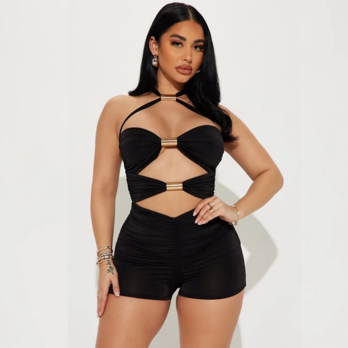 Sexy Hollow Metal Stitching Halter Neck Jumpsuit Romper