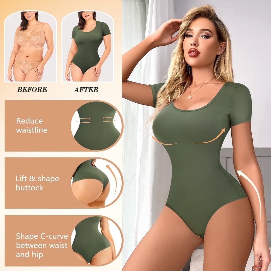 Seamless Round Neck Short Sleeve Thong Tummy Control Body Shaper Bodysuits