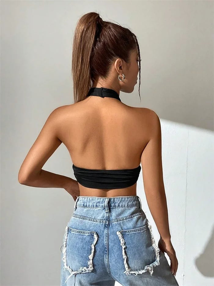 Sexy Deep V Backless Cross Halter Cropped Top
